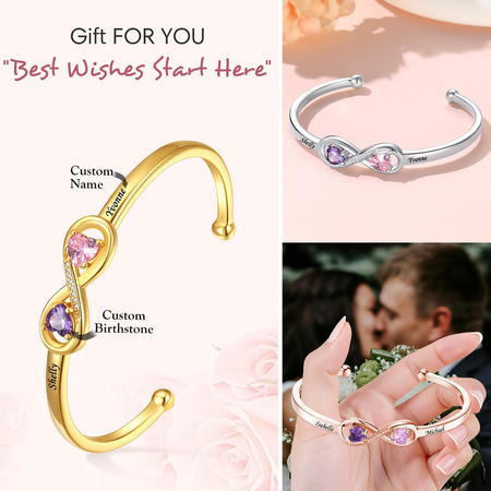 Personalized Bracelet with Names & Heart Birthstones, Anniversary Gift for Her-Adjustable size - universal size